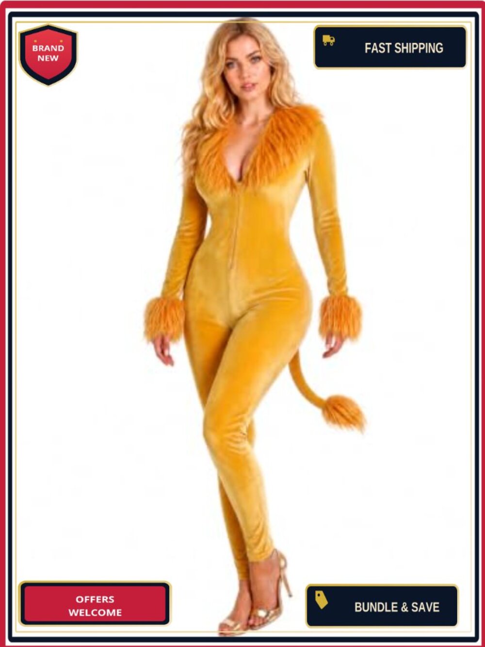 Golden Velvet Lion Costume Women Faux Fur Onesie Halloween Cosplay Jumpsuit
